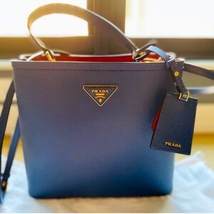 Prada Medium Saffiano Leather Panier Bag -Blue/Red